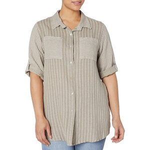 M Made in Italy 100% linen taupe button down tunic half sleeve blouse shirt M